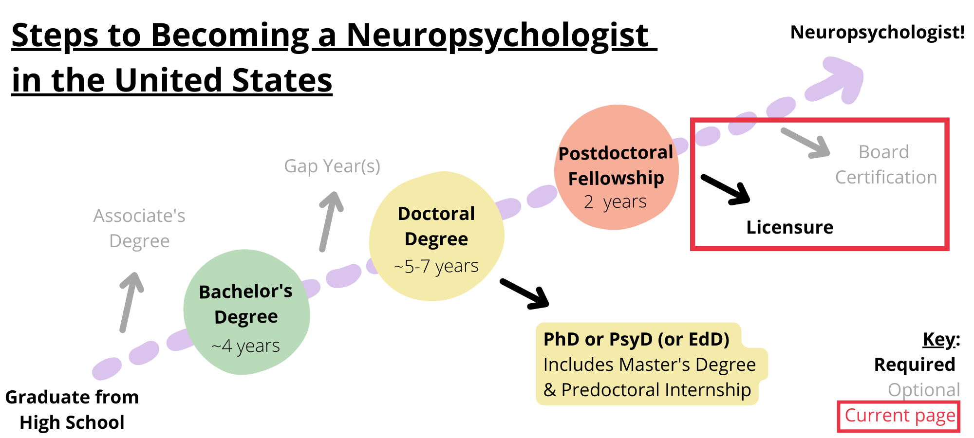 Steps to becoming a neuropsychologist in the United States. Required steps include graduating from high school, obtaining a bachelorâ€™s degree, obtaining a doctoral degree like a PhD, PsyD, or EdD, completing a postdoctoral fellowship, and licensure. Optional steps include obtaining an associateâ€™s degree, taking a gap year, and board certification. You are on the step licensure and board certification